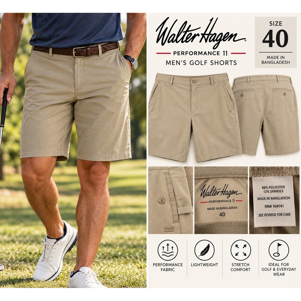 Walter Hagen Performance 11 Mens Golf Shorts Khaki Tan Size 40 Stretch Flatfront